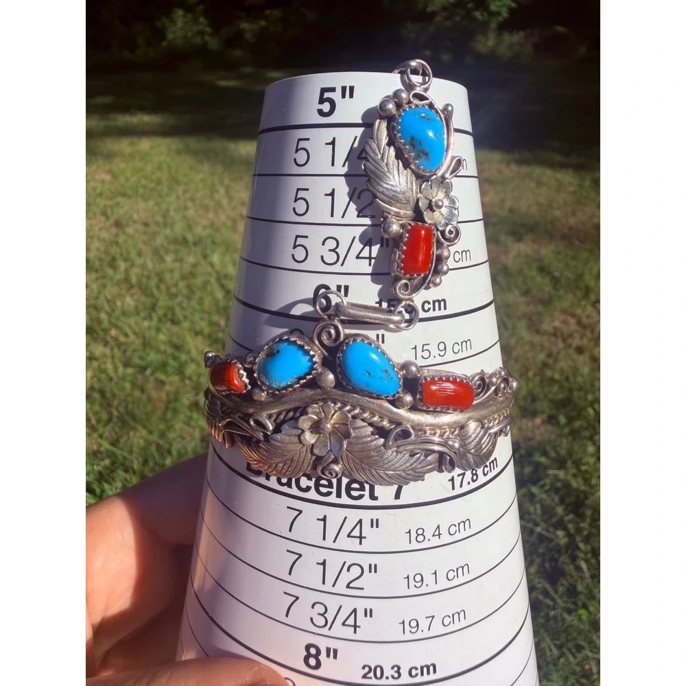 Vintage Native American Sterling Silver Turquoise Coral Bracelet Ring Signed - Picture 5 of 10